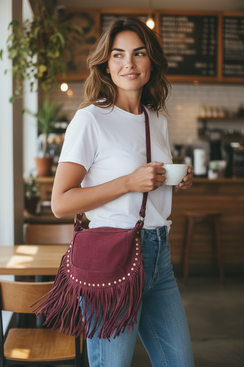 Sac “Nomade” en Cuir retourné à Franges