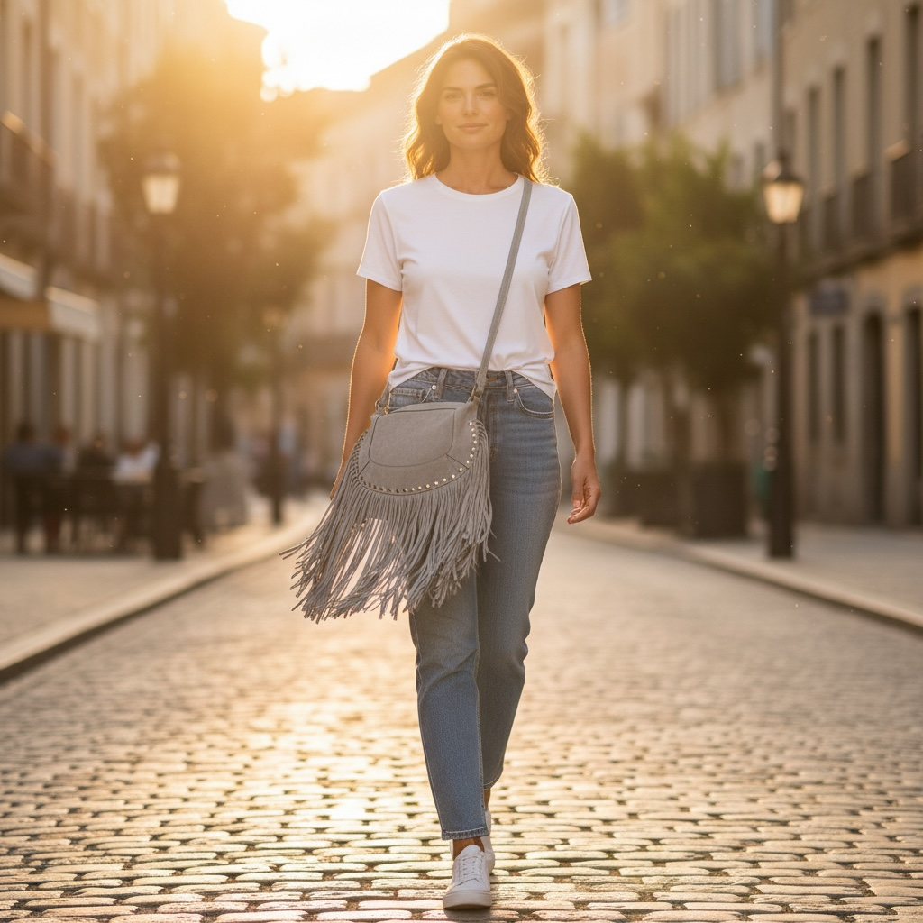 Sac “Nomade” en Cuir retourné à Franges