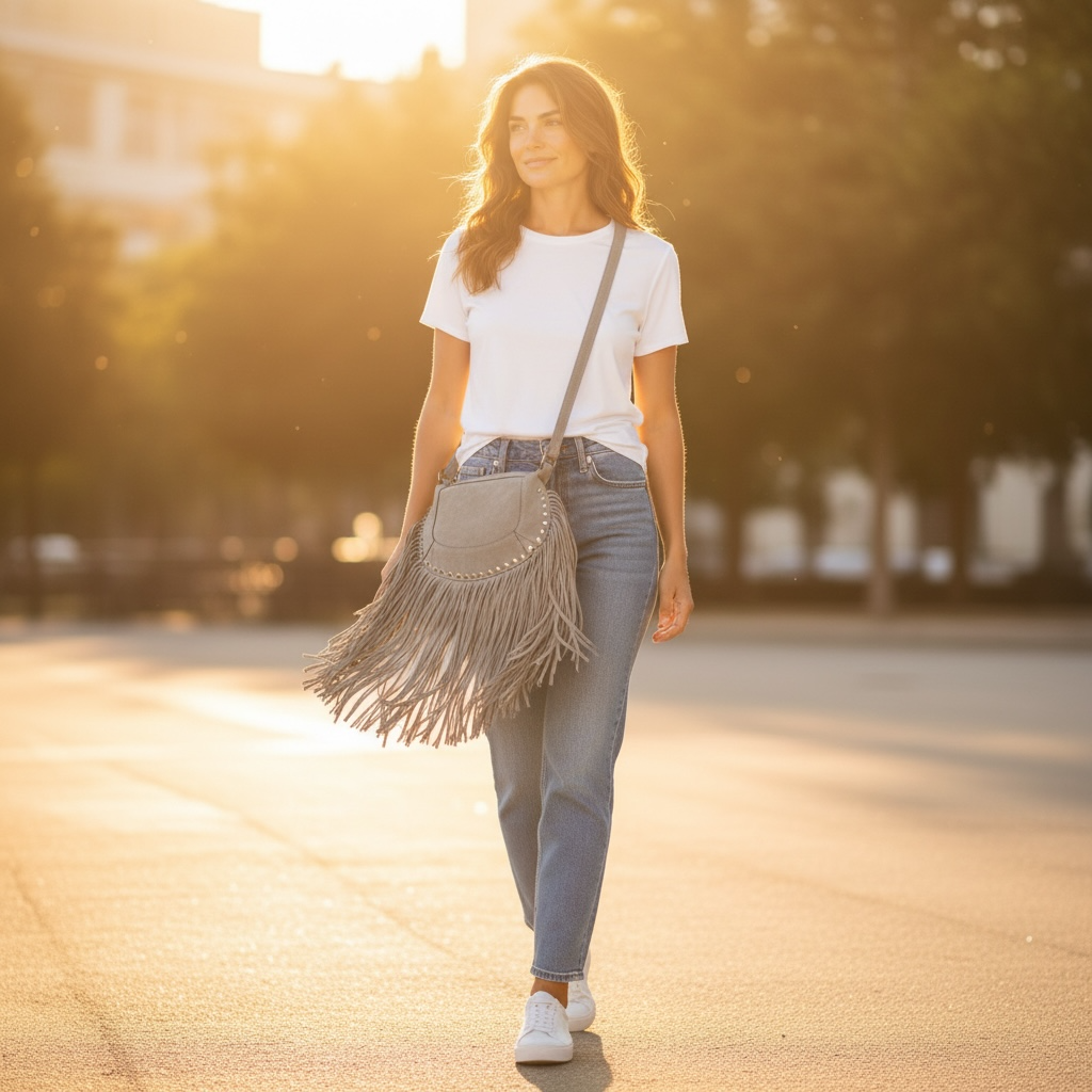 Sac “Nomade” en Cuir retourné à Franges