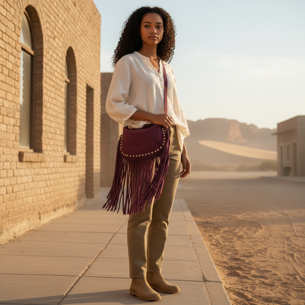 Sac “Nomade” en Cuir retourné à Franges lit de vin