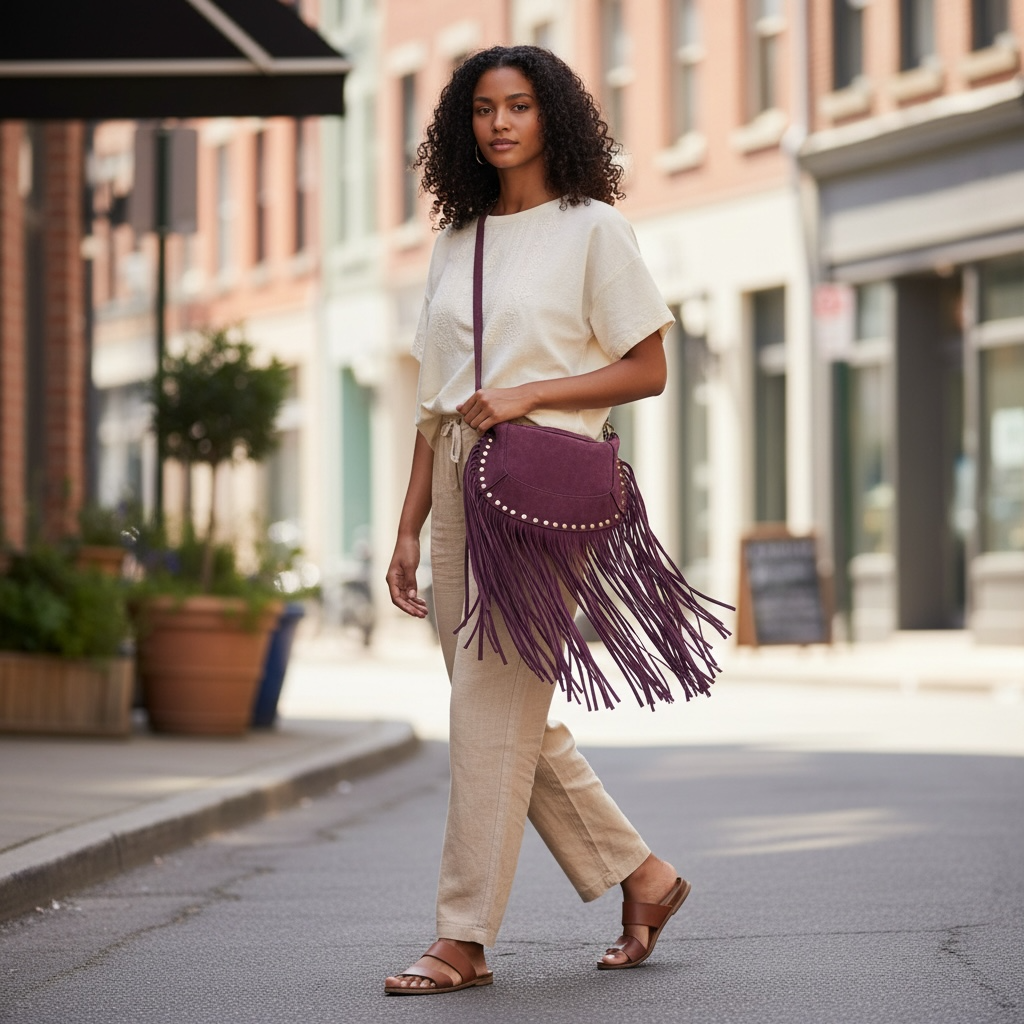 Sac “Nomade” en Cuir retourné à Franges lit de vin