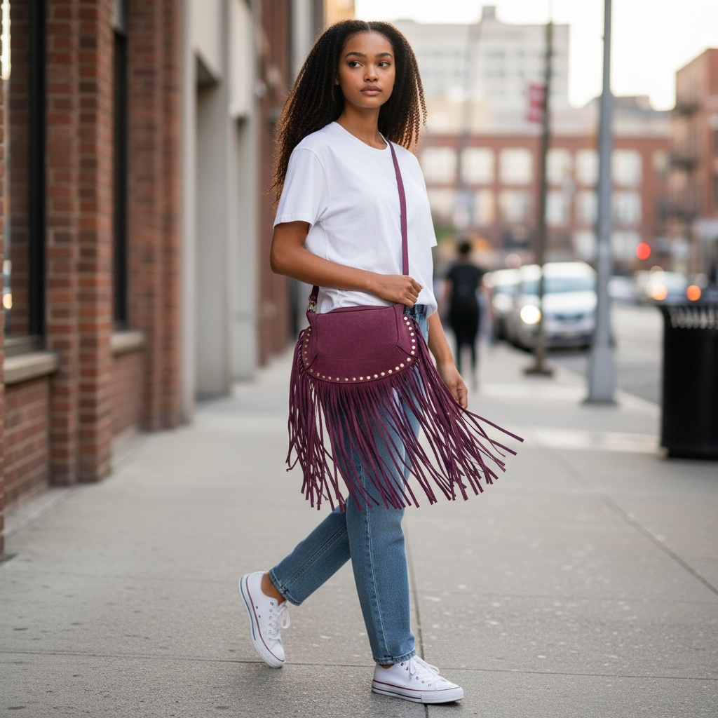 Sac “Nomade” en Cuir retourné à Franges lit de vin