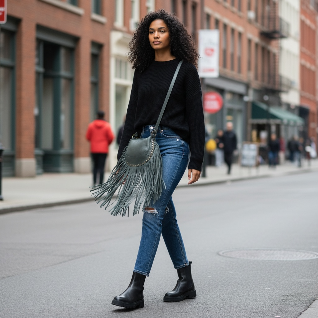 Sac “Nomade” en Cuir grainé à Franges vert bouteille
