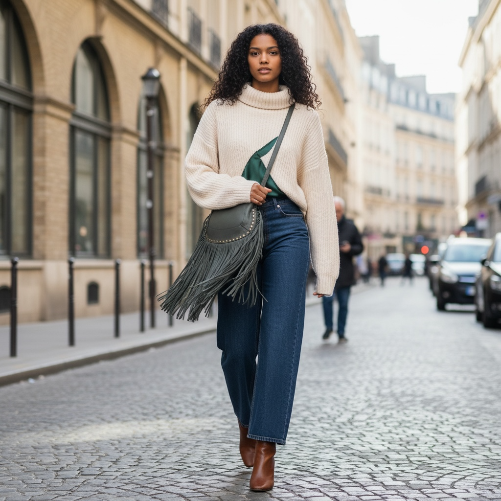 Sac “Nomade” en Cuir grainé à Franges vert bouteille