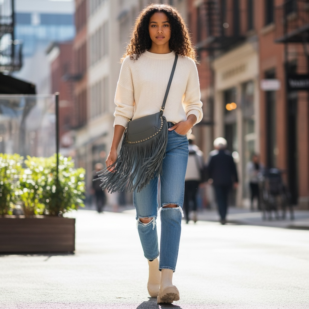 Sac “Nomade” en Cuir grainé à Franges vert bouteille