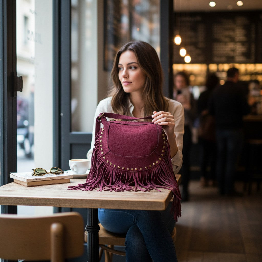 Sac “Nomade” en Cuir retourné à Franges